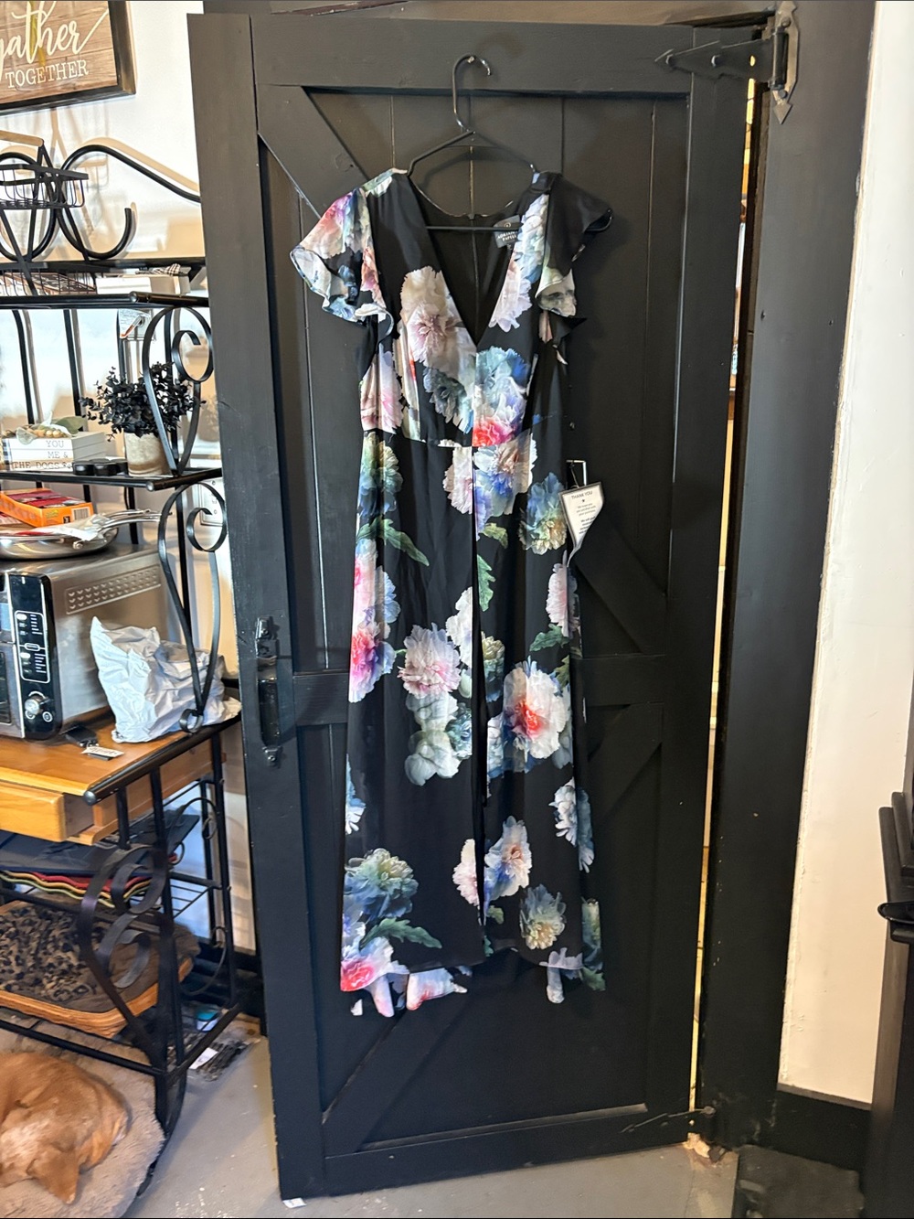 Adrianna Papell Black Floral V-Neck Flutter Jumpsuit